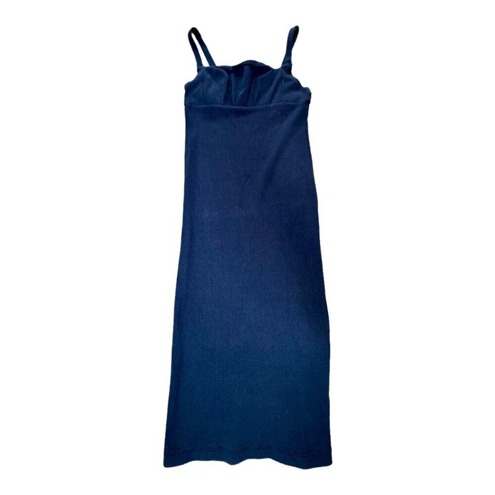 Lisa Says Gah Dress Small Navy blue rib knit sleeveless midi bodycon